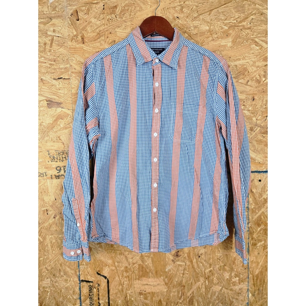 Peter England‎ Casuals XL Blue Orange Gingham Check Striped Long Sleeve Shirt